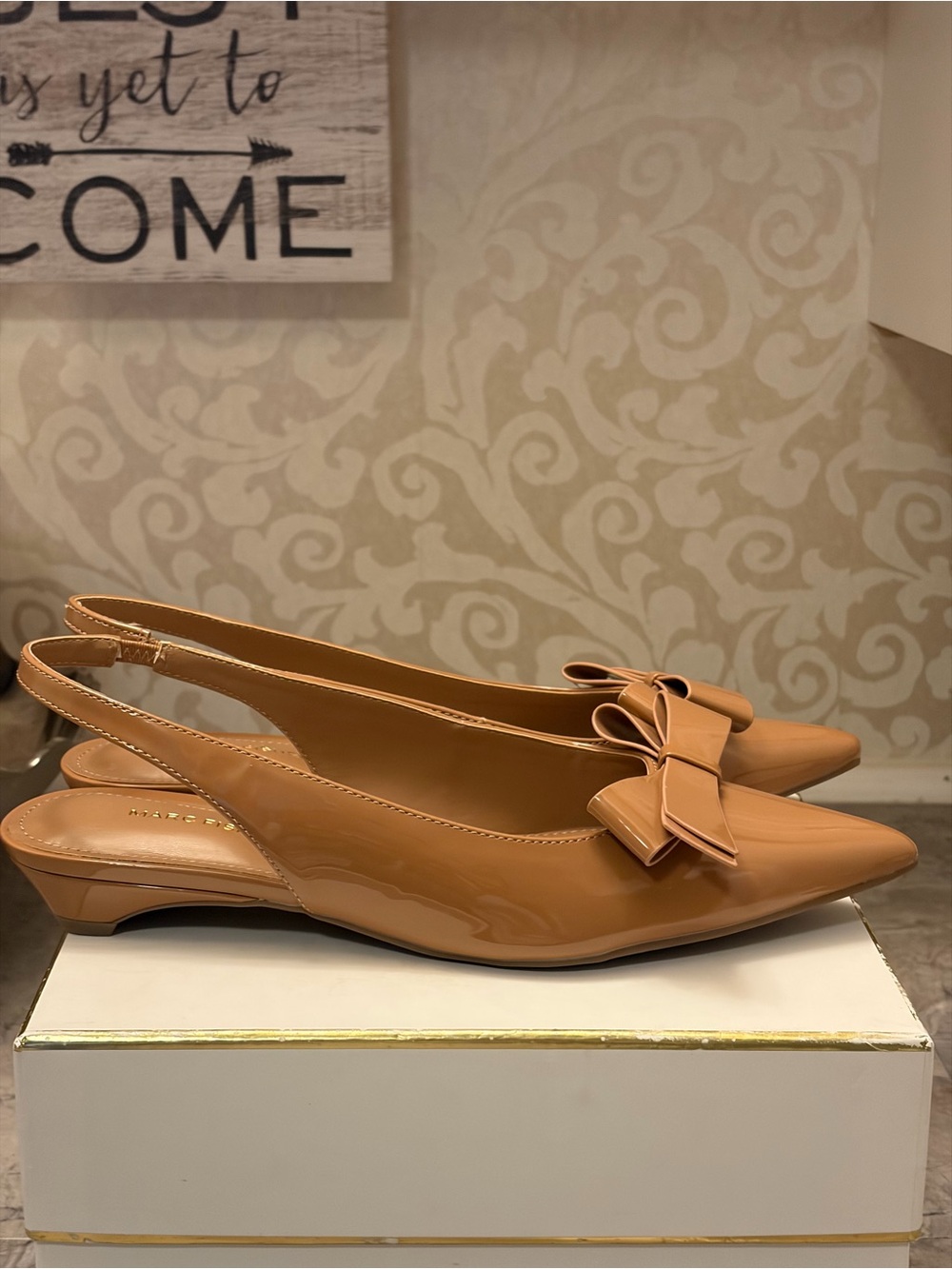 Marc Fisher Tan Patent Pointed Slingback Flats with Bow - Picture 4 of 9